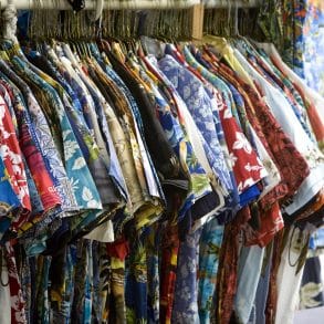 grand cayman shopping area displaying rack of Hawaiian shirts