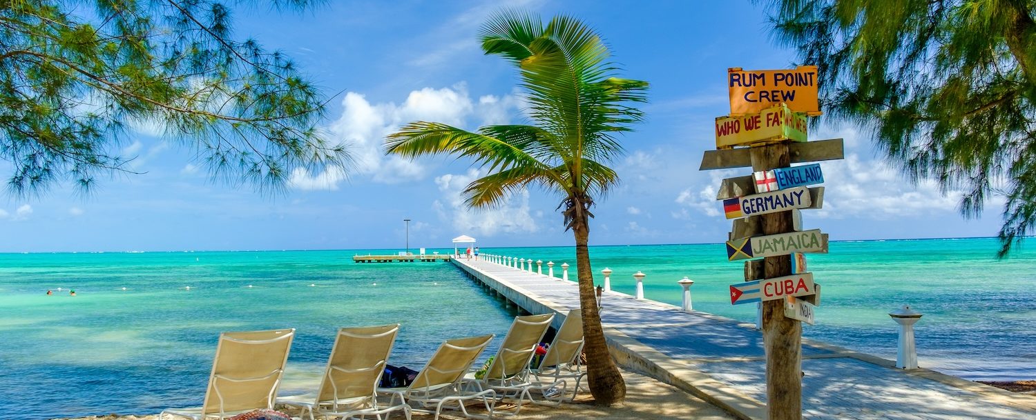 Grand Cayman, Cayman Islands, Rum Point Beach with view on the Caribbean Sea and a jetty